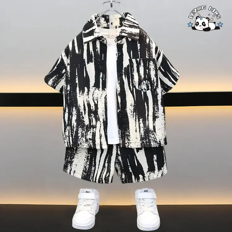 LEZONKIDS - Child Clothes Irregular Stripe Shirt Short Set Casual Cotton Satin Factory OEM ODM Kids Clothing Boy Sets